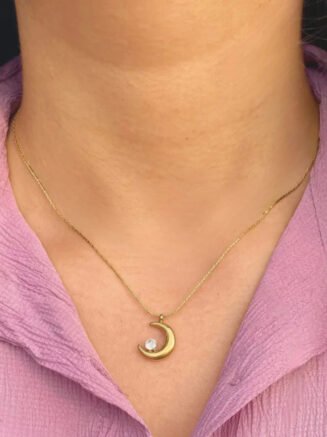 18kt Gold Plated Statement Crescent Moon Zircon Necklace, Coral