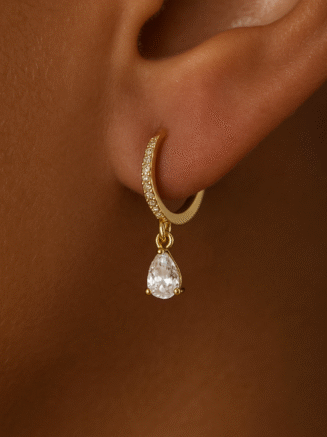 18kt Gold Plated Demi Fine White Zircon Water Droplet Huggie Drop Earrings, Aiden