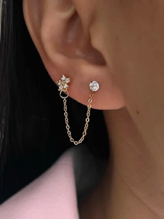 18kt Gold Plated Dainty & Chic Double Piercing Cartilage Chain Earrings, Eka (single side earring)