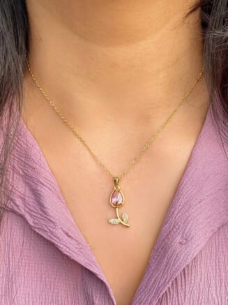 18kt Gold Plated Tulip Flower Cubic Zirconia Studded Dainty Necklace, Harlow