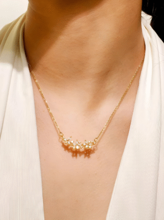 18KT Gold Plated Simple Long Flower Petal Zircon Stainless Steel Waterproof Necklace, Cleo