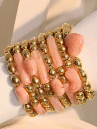 18KT gold plated Brass and Resin Beaded Pink Gold Bracelet Set, Dew