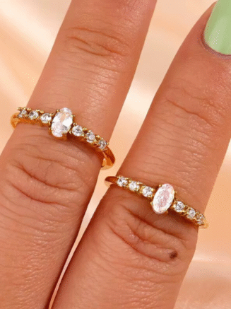 18KT Gold Plated Minimal Oval Bezel Diamond Stainless Steel Waterproof Ring, Elsa