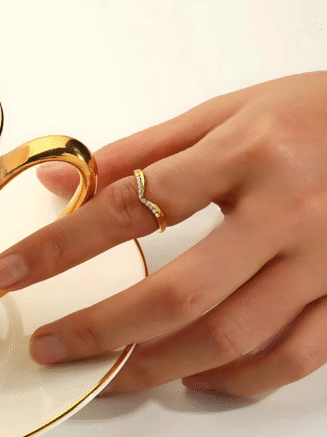 18KT Gold Plated Minimal V shaped Crystal Studded Stainless Steel Waterproof Ring, Faye