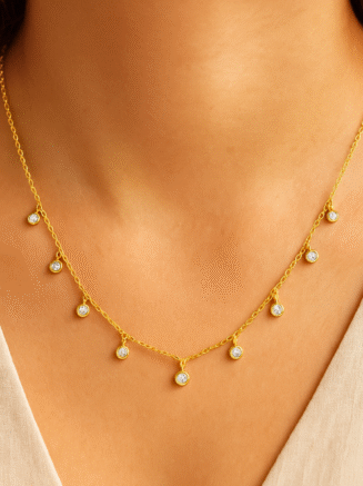 18KT Gold Plated Round Zircon Stainless Steel Waterproof Choker Necklace, Fiona