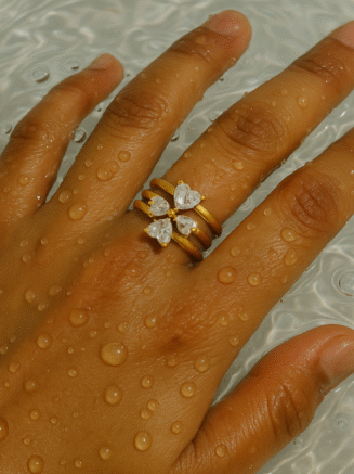 18KT Gold Plated Set of 3 Stackable Diamond Heart Stainless Steel Waterproof Rings, Lyra
