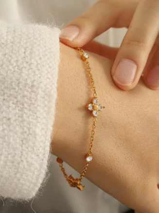 18KT Gold Plated Minimal Flower and Zircon Stainless Steel Waterproof Bracelet, Mirahi