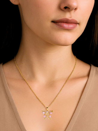 18KT Gold Plated Pink Butterfly Stainless Steel Waterproof Pendant Necklace, Monarch