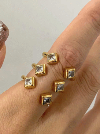 18KT Gold Plated Statement 3 Stack Square Stone Stainless Steel Waterproof Ring, Paris