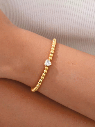 18 KT Gold Plated Stainless Steel Bead & Heart Zircon Stackable Bracelet, Sunset